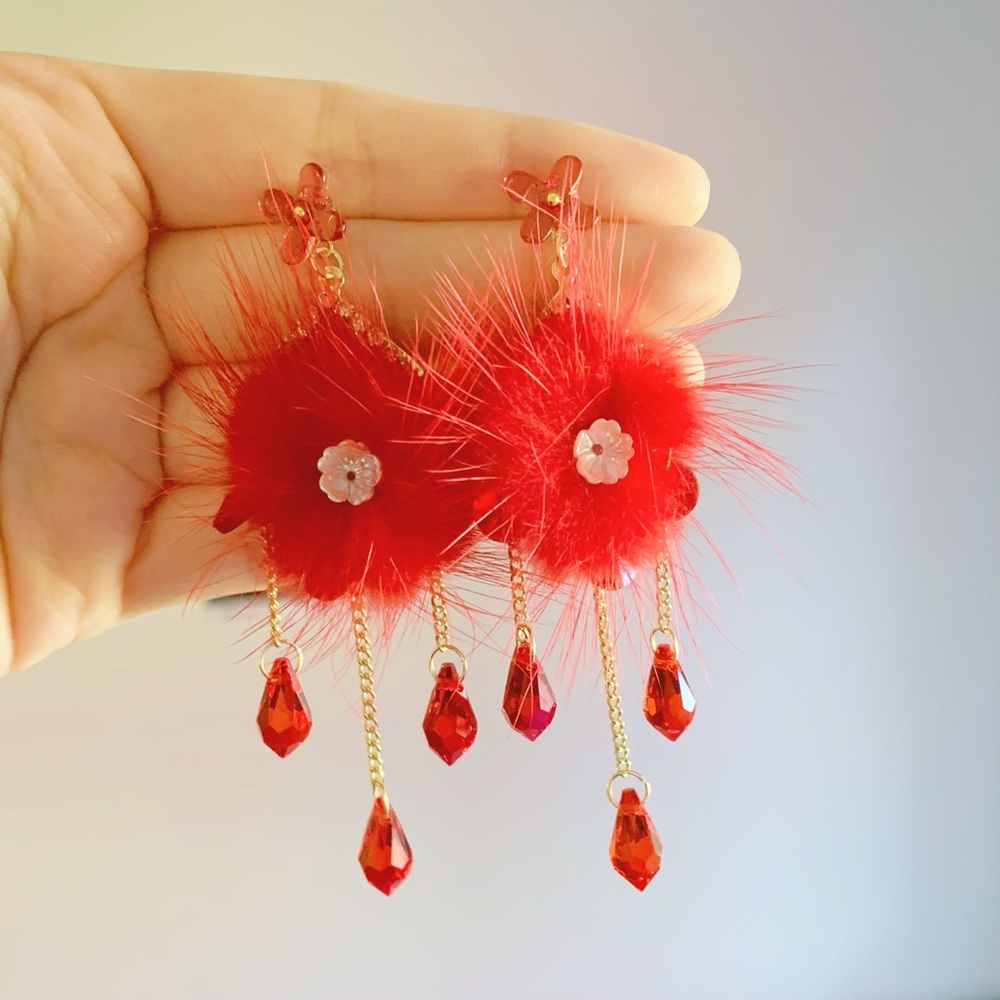 Real Fur and Crystal Handmade Drop Earrings NWT